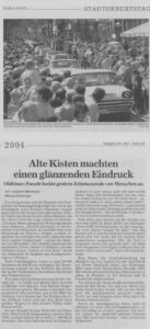 Artikel aus der BNN vom 21. Juni 2004 über die erfolgreiche Oldtimer-Parade anlässlich des Stadtgeburtstags. Artikel aus der BNN vom 21. Juni 2004 über die erfolgreiche Oldtimer-Parade anlässlich des Stadtgeburtstags.