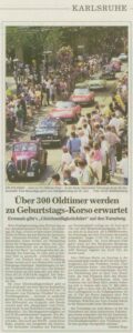 Artikel aus der BNN vom 4. Juni 2004 zum Geburtstags-Korso anlässlich des Stadtgeburtstags. Artikel aus der BNN vom 4. Juni 2004 zum Geburtstags-Korso anlässlich des Stadtgeburtstags.